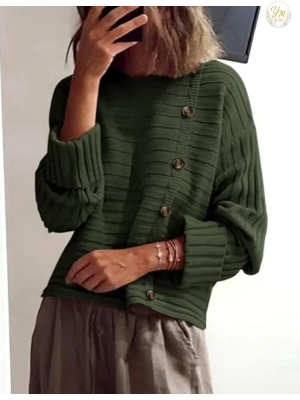 Womens Asymmetric Knit Pullover Sweater Long Sleeve Button Fall Winter